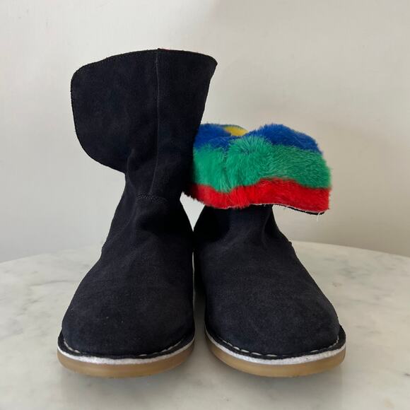 Mini Boden Black Suede Ankle Boots with Multi Colored Striped Faux Fur Lining - Picture 6 of 10